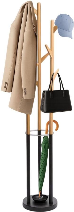 MAGICSHE Staande Kapstok Modern 11 Haken Kledingrek Met Paraplubak Metaal + Hout Tassen Kapstok 174 Cm Hoog Zwart