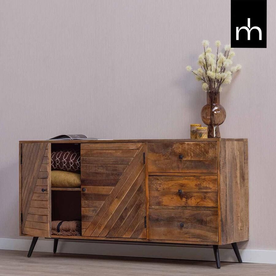 Mahom Mangohouten Dressoir Alamo 145 cm Industrieel Dressoir van Mangohout & Metaal Industriële Dressoir