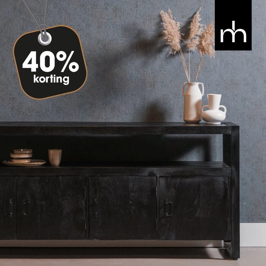 Mahom Mangohouten Dressoir Pittsburgh Black 180 cm Industrieel Dressoir van Mangohout & Metaal Industriële Dressoir