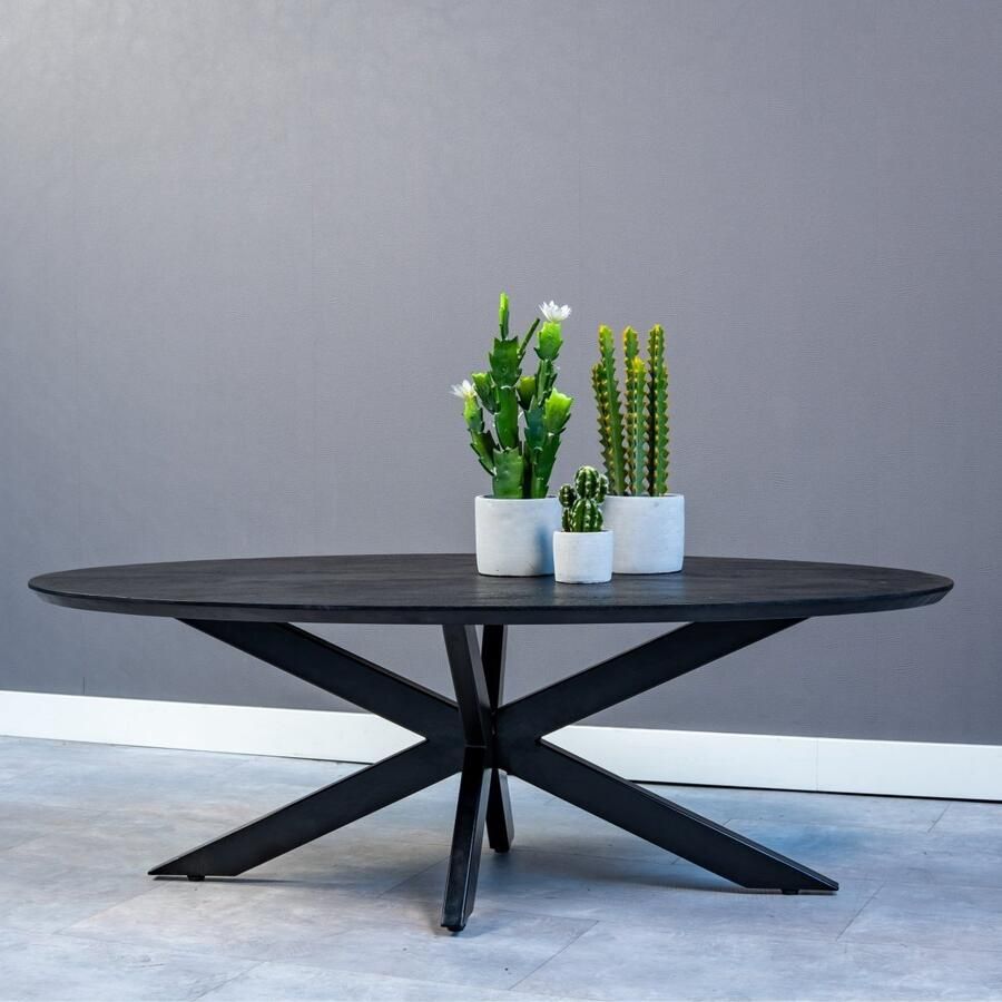 Mahom Mangohouten Salontafel Vicenza Black Ovaal Industrieel Kleine tafel van Mangohout & Metaal Industriële Huiskamertafel