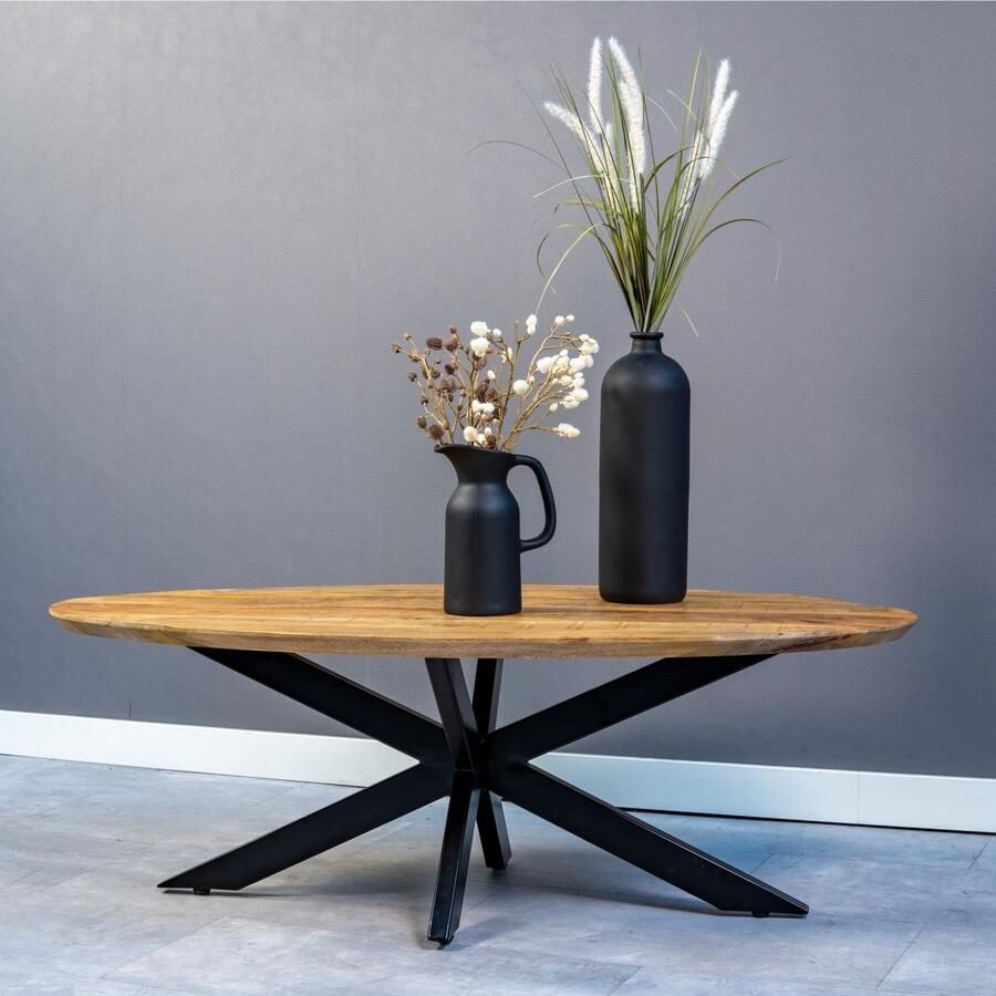 Mahom Mangohouten Salontafel Vicenza Ovaal Industrieel Kleine tafel van Mangohout & Metaal Industriële Huiskamertafel