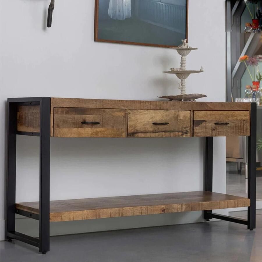 Mahom Mangohouten Sidetable Britt 3 lades Industrieel Kleine tafel van Mangohout & Metaal Industriële Huiskamertafel