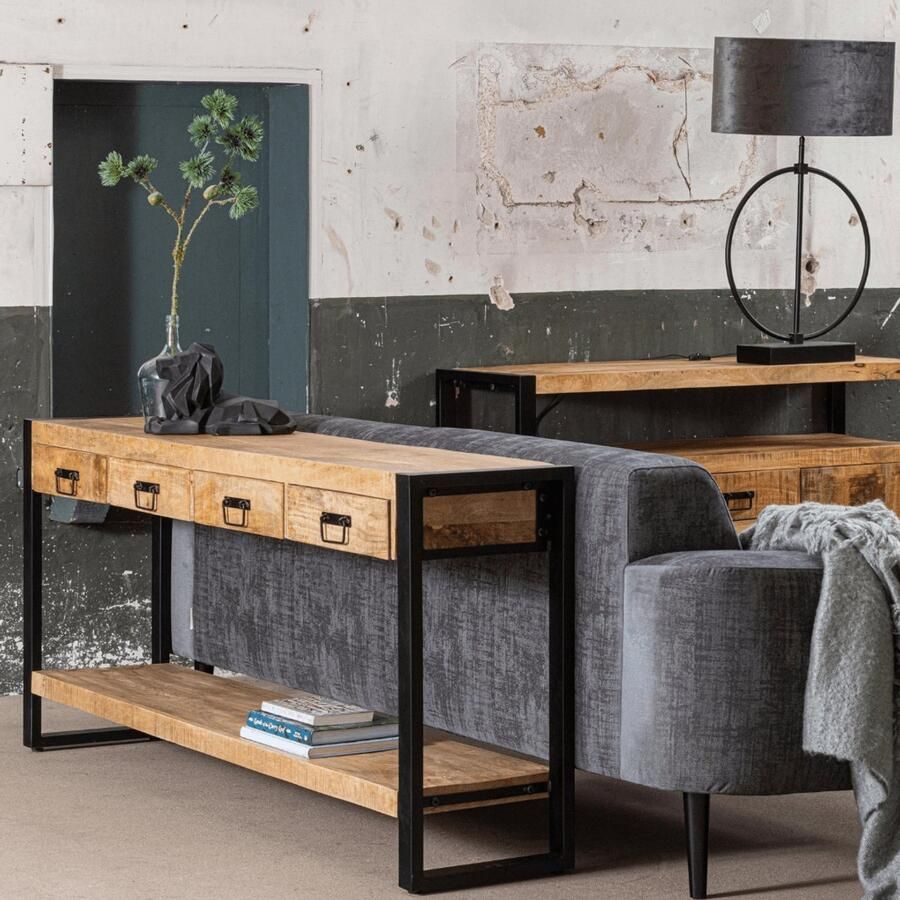 Mahom Mangohouten Sidetable Britt 4 lades Industrieel Kleine tafel van Mangohout & Metaal Industriële Huiskamertafel