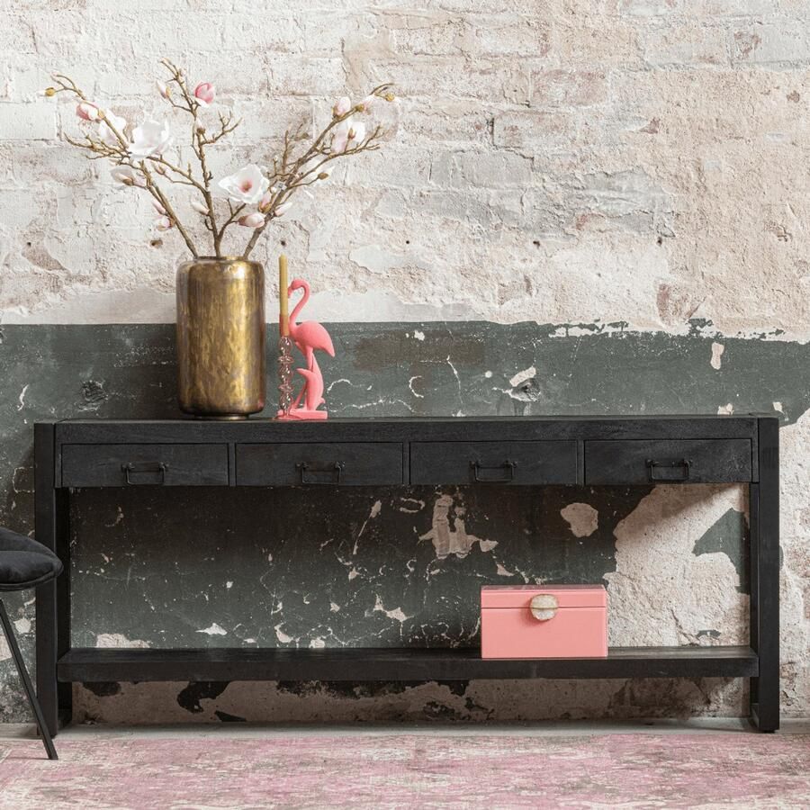 Mahom Mangohouten Sidetable Britt Black 4 lades 180 cm Industrieel Kleine tafel van Mangohout & Metaal Industriële Huiskamertafel