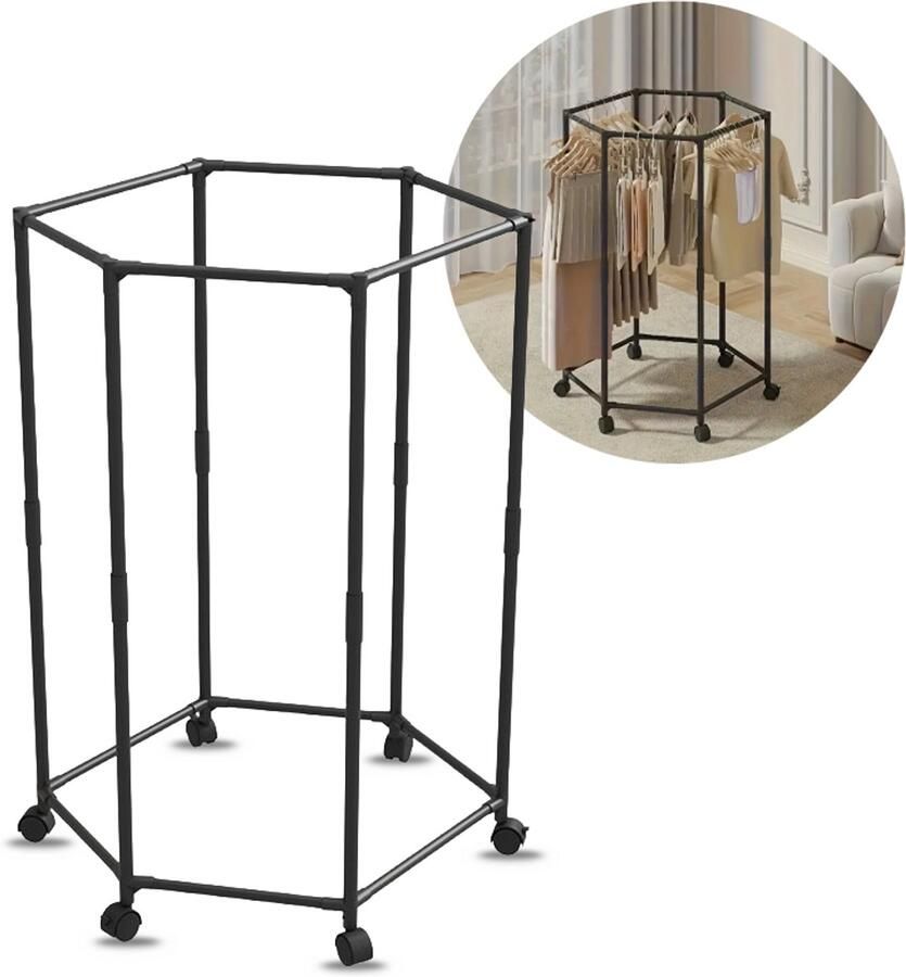 Mainius Hexagonaal Kledingrek op Wielen – 120cm Hoog – Zwart – 360° Draaibaar Kledingrek voor Winkel of Thuis – Metalen Kapstok met 6 Zijdes