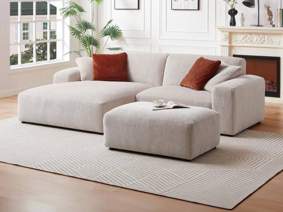 Maison Céphy Hoekbank met hoek links en poef van beige ribfluweel TIRONO van L 254 cm x H 80 cm x D 161 cm - Foto 2