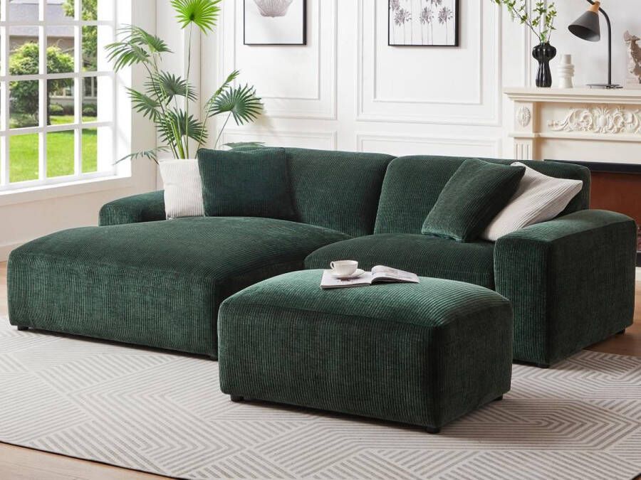 Vente-unique Hoekbank met hoek links van dennengroen ribfluweel TIRONO van Maison Céphy L 254 cm x H 80 cm x D 161 cm