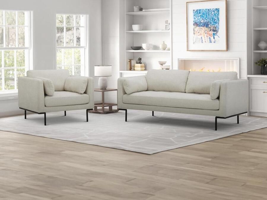 Maison Céphy Driezitsbank en fauteuil van beige stof met metalen poten ISABELLA van L 189 cm x H 83 cm x D 89 cm