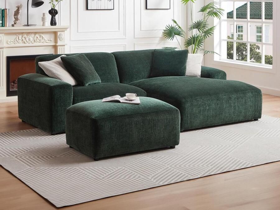 Maison Céphy Hoekbank met hoek rechts en poef van dennegroen ribfluweel TIRONO van L 254 cm x H 80 cm x D 161 cm