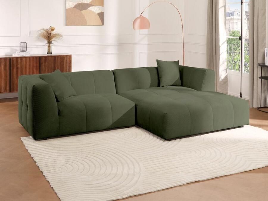 Vente-unique Hoekbank met hoek rechts van groen ribfluweel NAEMIA van Maison Céphy L 272 cm x H 70 cm x D 161 cm - Foto 2