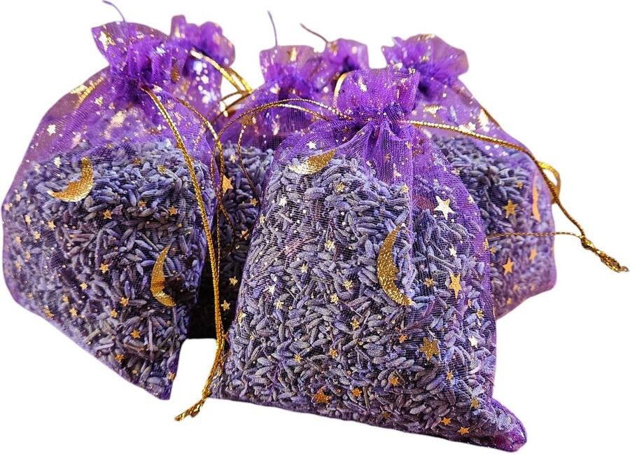Maison de Lavande Lavendel geurzakjes met biologische lavendel uit de Provence – 6 stuks à 17 gram maan en sterren paars bedankje cadeau geurzakje kledingkast
