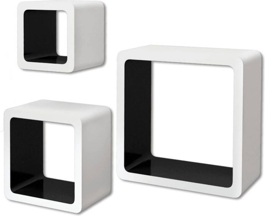 Maison Exclusive Wandplanken kubus MDF zwevend voor boeken dvd wit-zwart 3 st