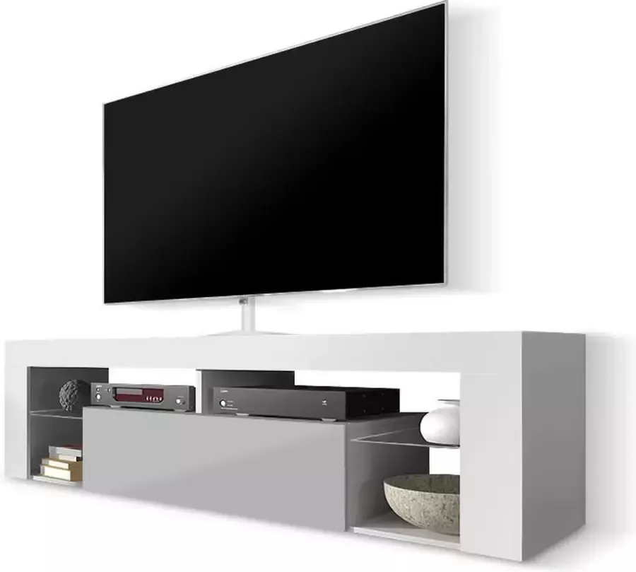 Maison Home Bianko TV meubel wit TV Kast Glazen platen Opbergvak Wit Grijs 140 cm