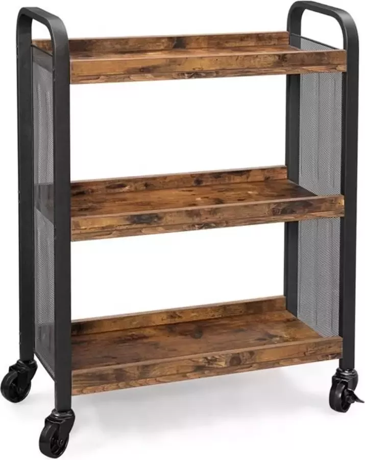 MAZAZU Keukentrolley 4 wieltjes 3 bruine opbergplankjes Zwart metaal