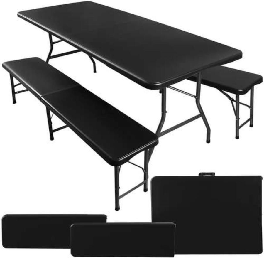 Malatec campingtafel en 2 banken inklapbaar 180 cm zwart opvouwbaar picknicktafel handig voor in de camper of caravan complete set cateringset