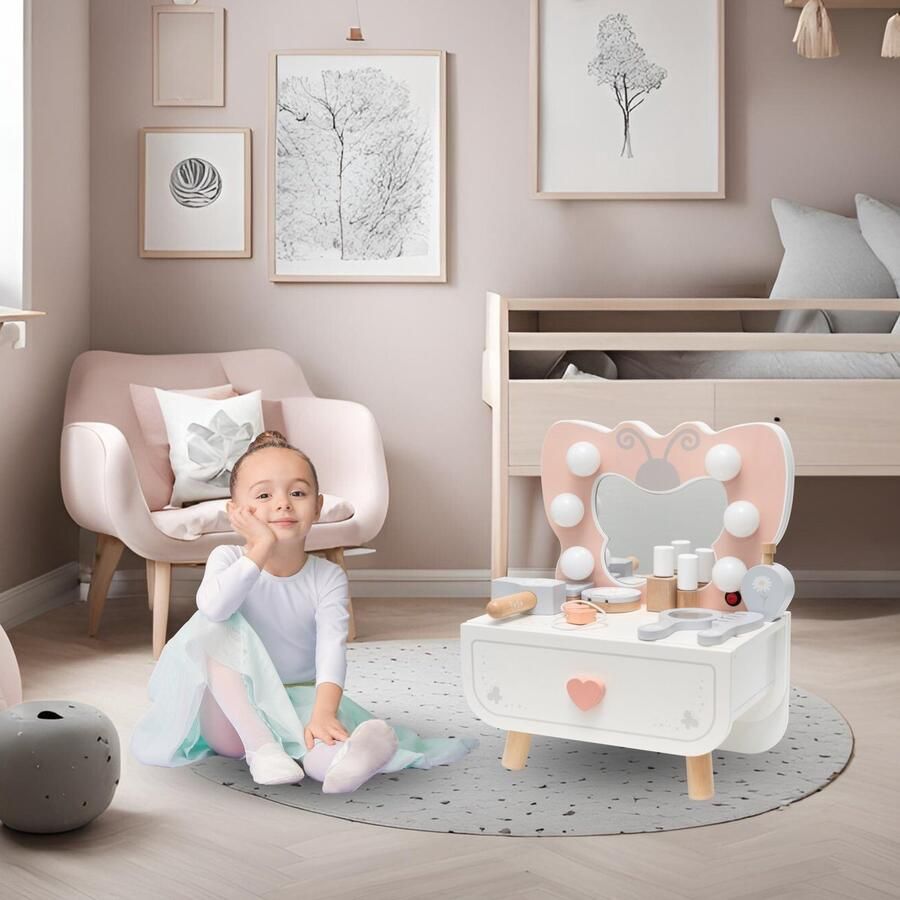 Mamabrum Houten Mini Kaptafel met LED-Verlichting „Vlinder” + Accessoires voor Kinderen