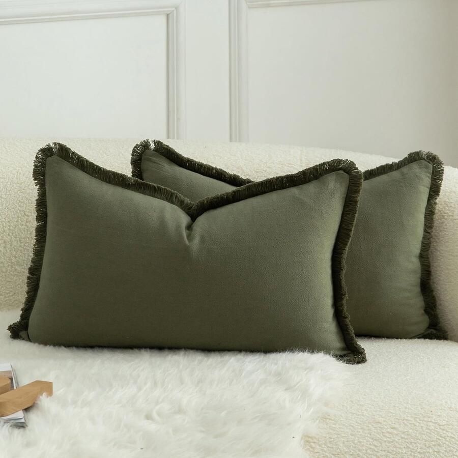 Mandioo Set van 2 neutrale katoenen kussenhoezen met kwastjes 30 x 50 cm decoratieve kussenhoezen sierkussens boho bankkussens kussensloop voor bank sofa slaapkamer woonkamer woondecoratie olijfgroen