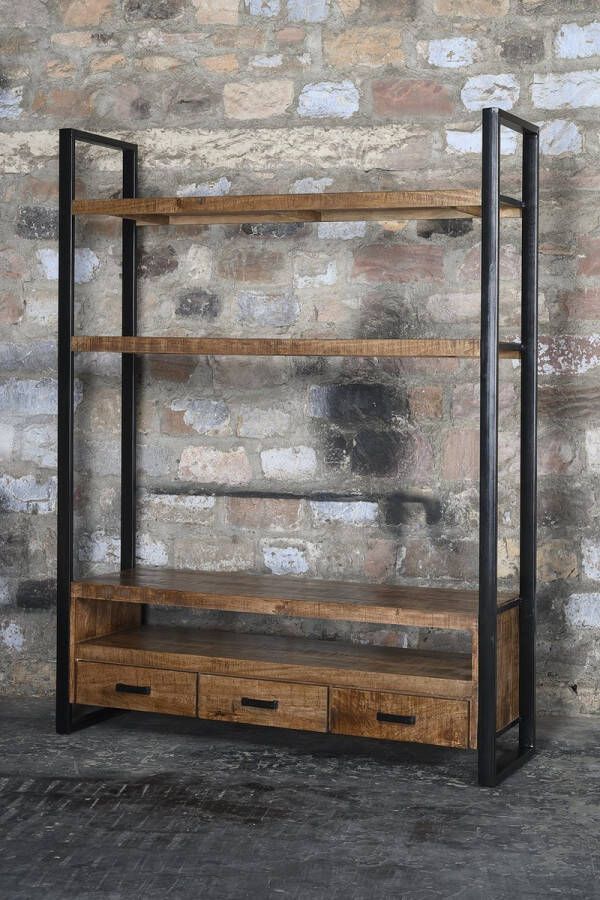 Mangoe Meubels Boekenkast Lucas met 3 lade 150x45x200 cm mangohout en metaal