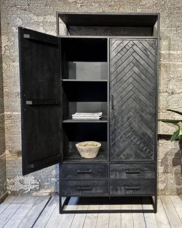 Mangoe Meubels Buffetkast visgraat 100x45x200 cm zwart mangohout en metaal