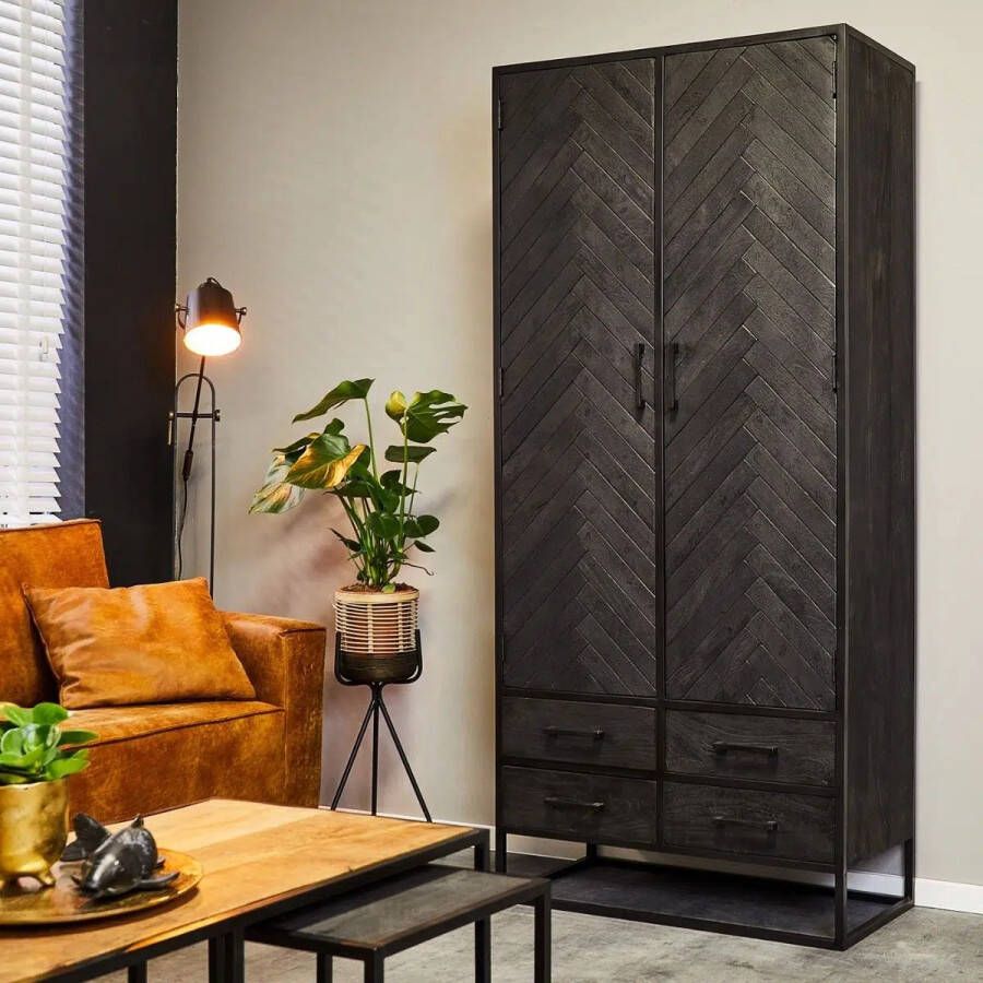 Mangoe Meubels Buffetkast visgraat 90x45x200 cm zwart mangohout en metaal