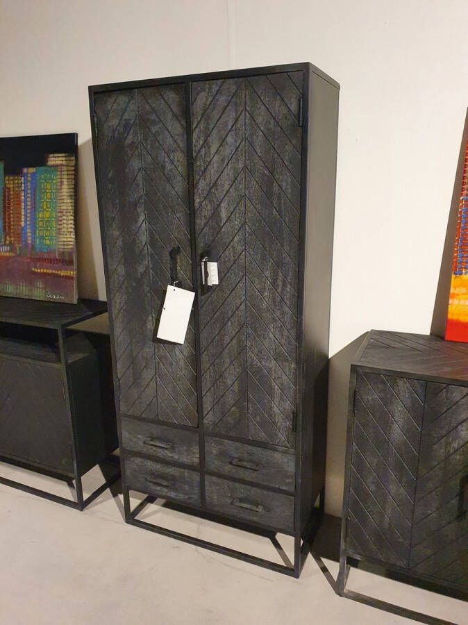Mangoe Meubels Buffetkast visgraat patroon 80x40x180 cm mangohout en metaal