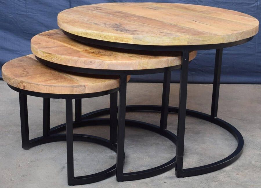 Mangoe Meubels Koloniaal Teakhuis Salontafel Set 3 delig Mangohout Naturel Metalen Frame