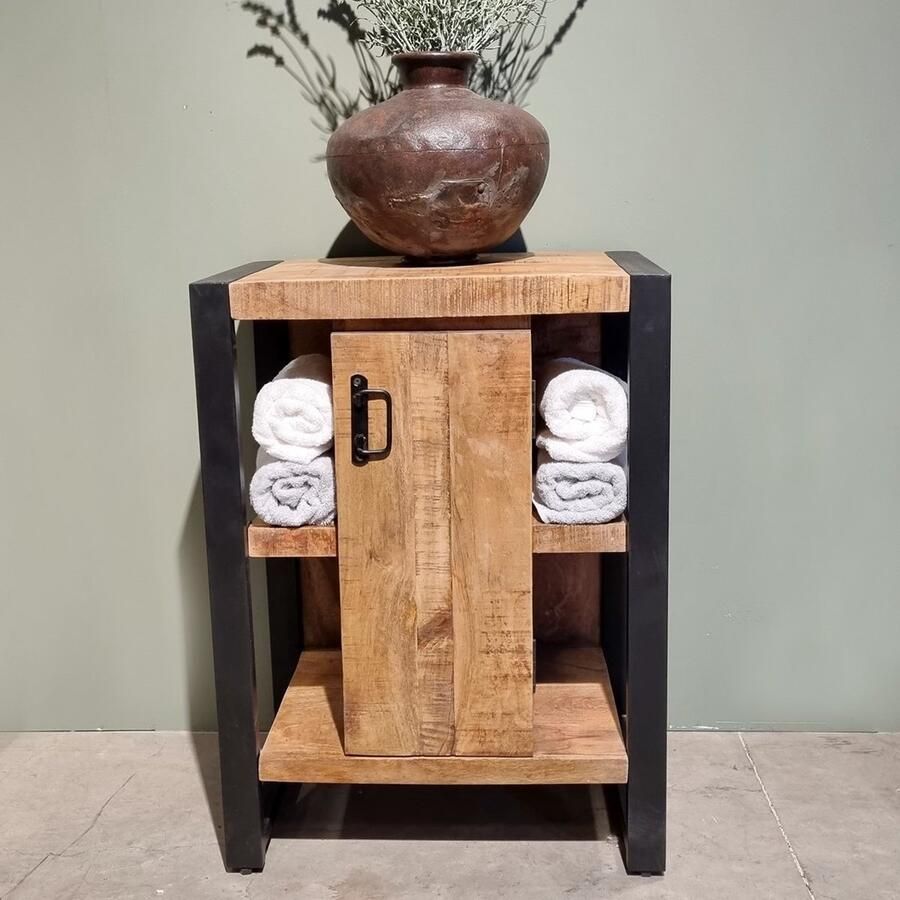 Mangoe Meubels Mangoe Kast Bas 80cm 1 deur Bruin Mangohout Nachtkastje Bijzettafel 60x40x80 cm