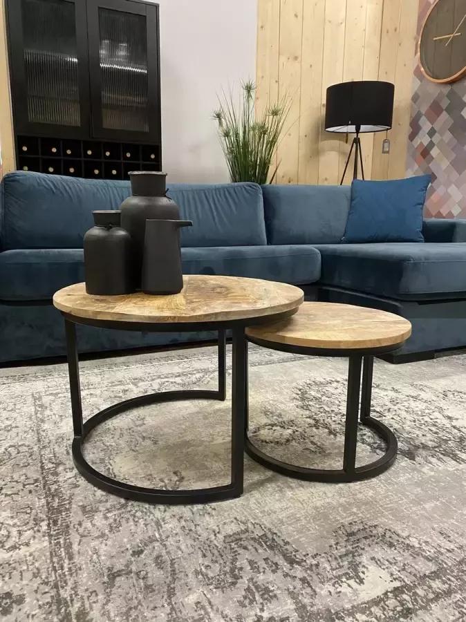 Mangoe Meubels Mangohout Salontafel set van 2 rond mango hout industrieel