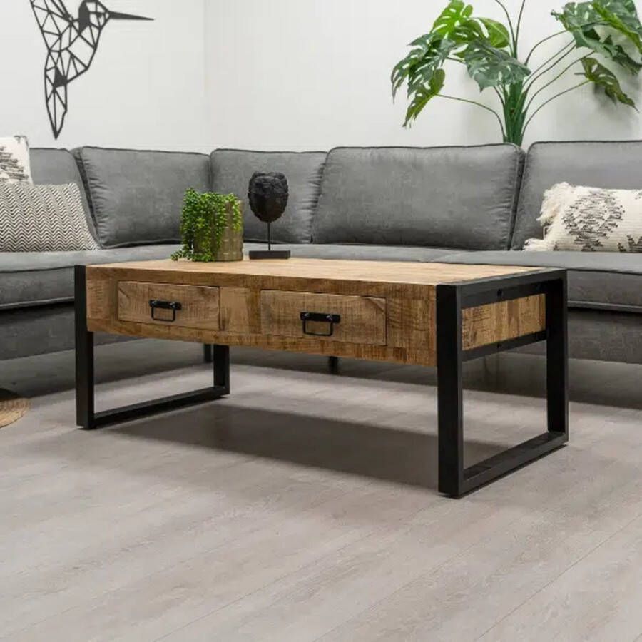 Mangoe Meubels Salontafel industrieel met 2 lades 120x60x45 cm mangohout