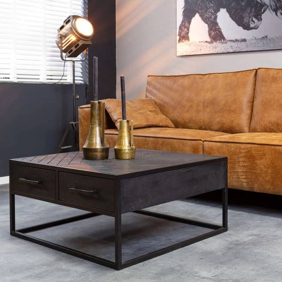 Mangoe Meubels Salontafel Oliver visgraat 80x80x40 cm mangohout en metaal