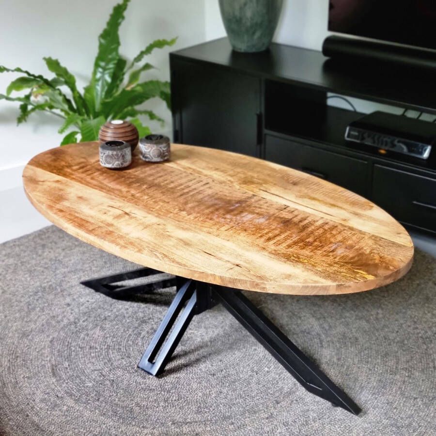 Mangoe Meubels Salontafel ovaal met matrix poot 130x70x45 cm mangohout en metaal