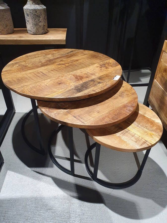 Mangoe Meubels Salontafel set 3 stuks mangohout en metaal