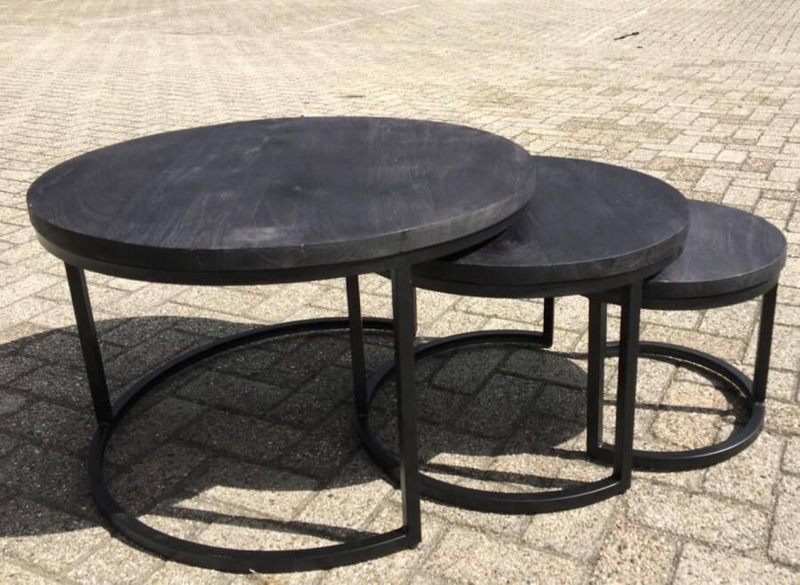 Mangoe Meubels Salontafel set van 3 stuks zwart mangohout en metaal