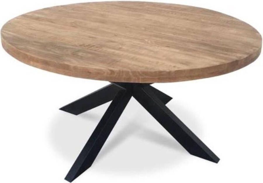 mangohout Eettafel rond 130cm Transparante lak behandeling Smalle Spinpoot 8x4cm Ronde Mango Tafel Industrieel Sterpoot Matrix Massief Hout Staal Blad 6cm dik