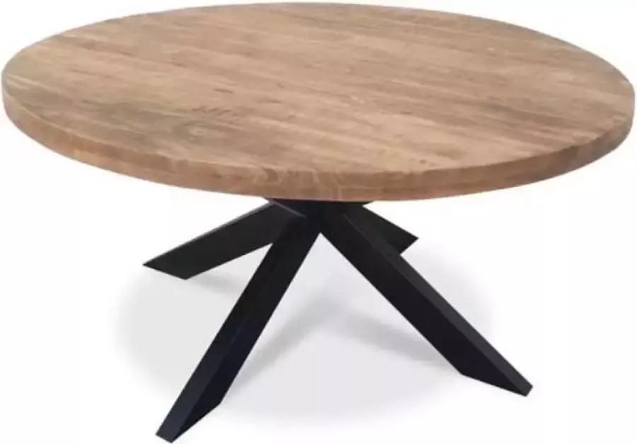 Mangohout Eettafel rond 130cm Transparante lak behandeling Smalle Spinpoot 8x4cm Ronde Mango Tafel Industrieel Sterpoot Matrix Massief Hout Staal Blad 6cm dik