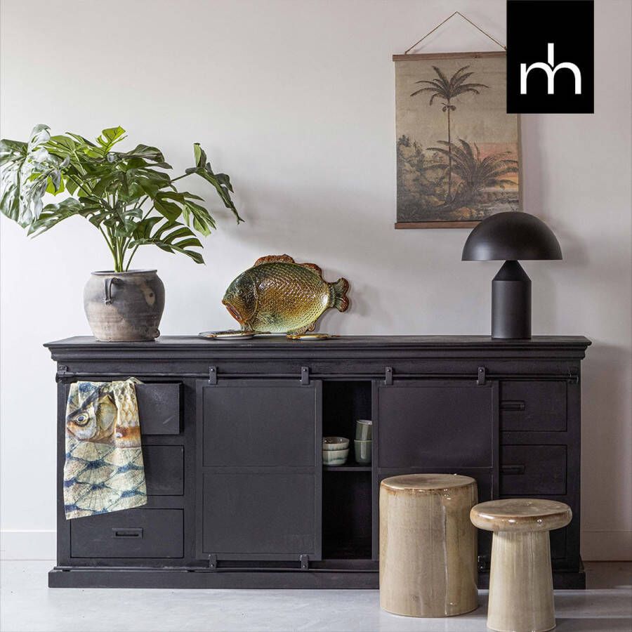 Mahom Mangohouten Dressoir Newark Black 190 cm Industrieel Dressoir van Mangohout & Metaal Industriële Dressoir