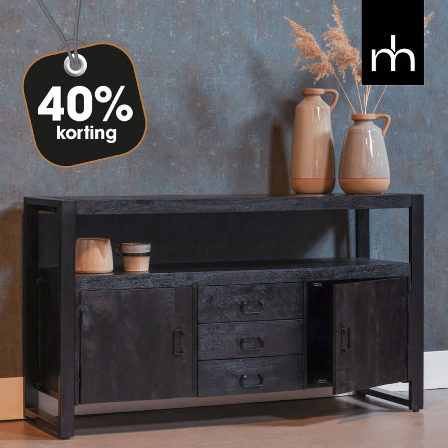 Mahom Mangohouten Dressoir Pittsburgh Black 140 cm met 3 lades en 2 deuren Industrieel Dressoir van Mangohout & Metaal Industriële Dressoir