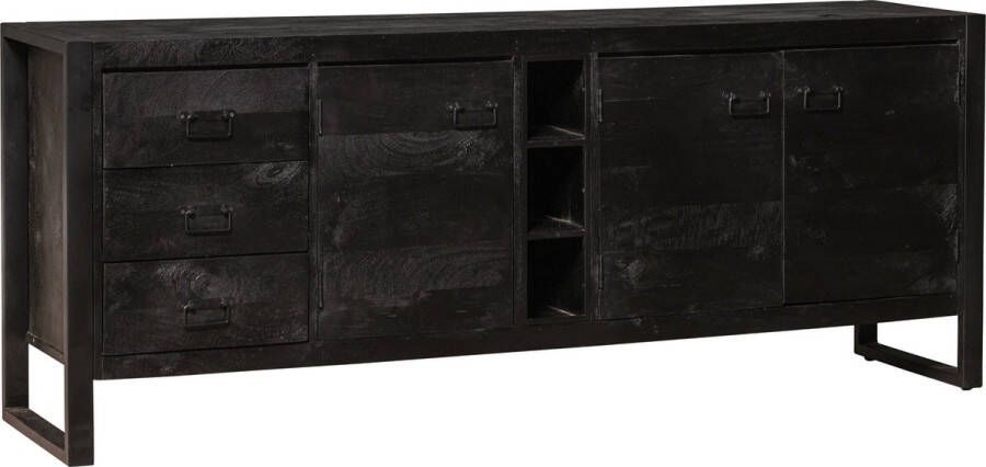 Mahom Mangohouten Dressoir Stockton Black 200 cm Industrieel Dressoir van Mangohout & Metaal Industriële Dressoir