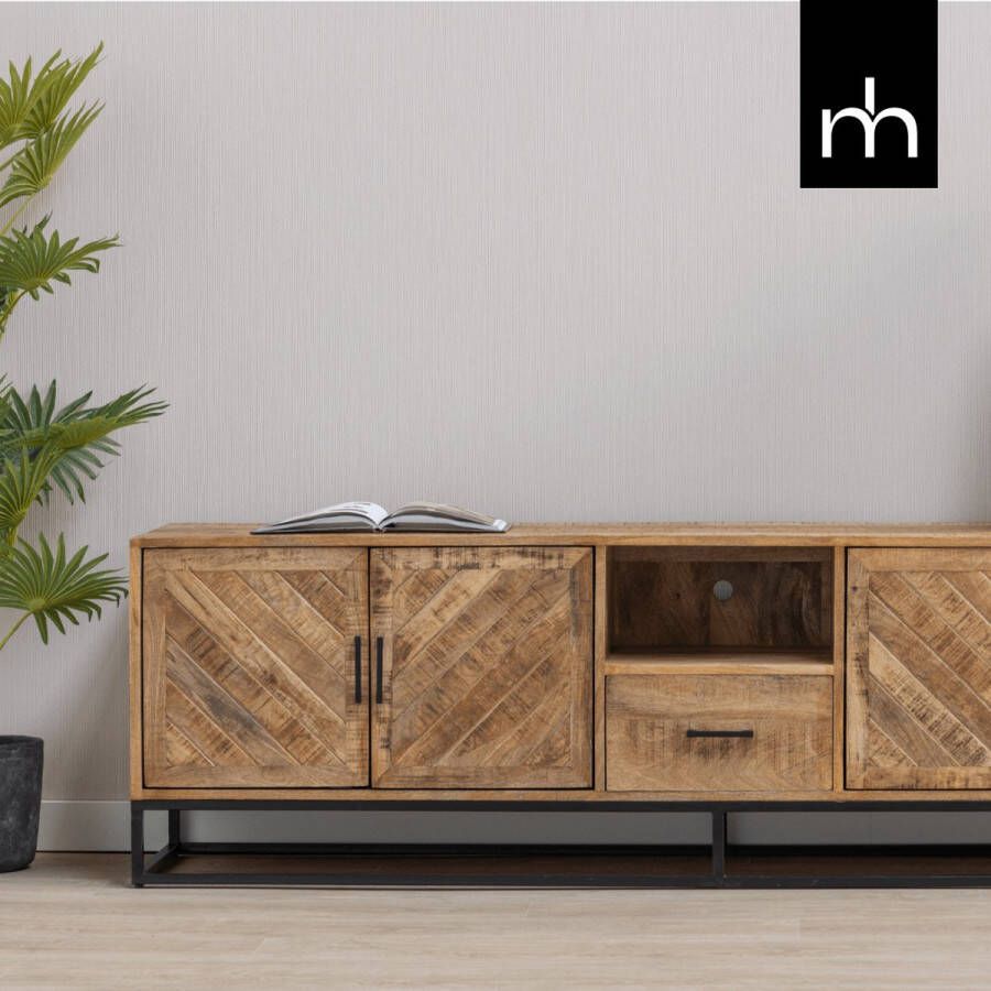 Mangohout Online Mangohouten TV Meubel Reno 200 cm met 1 lade Mahom Industrieel TV Meubel van Mangohout & Metaal Industriële TV Meubel