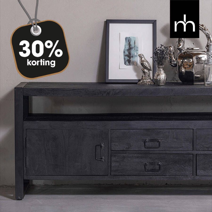 Mangohout Online Mangohouten TV Meubel Seattle Black 220 cm Mahom Industrieel TV Meubel van Mangohout & Metaal Industriële TV Meubel