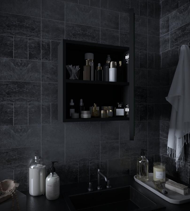 Mano Collection Curve Zwart 60x45x17 cm Spiegel Enkeldeurs Badkamer Topkast