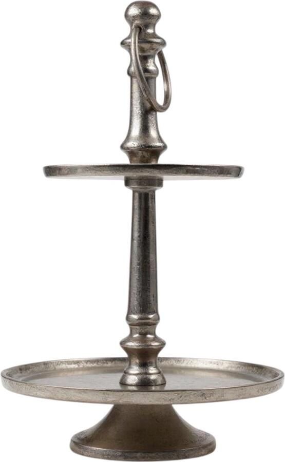 Mansion Atmosphere Etagère Zilver – 2 Lagen – Aluminium – Ø19 cm – 33 cm Hoog – Luxe Etagère voor Hapjes Gebak & Decoratie