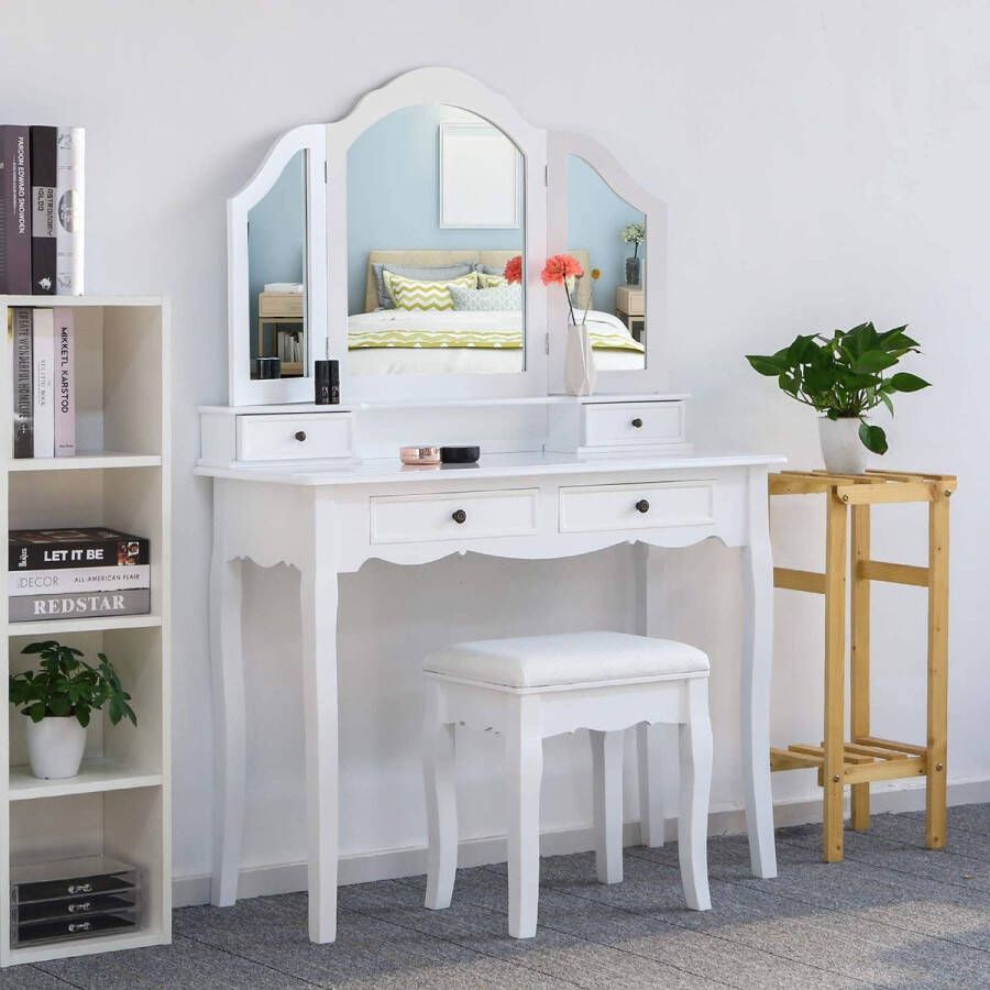 Manzibo Make-up Tafel Kaptafel Met Spiegel en Krukje Dressoir Slaapkamer Moderne look Wit