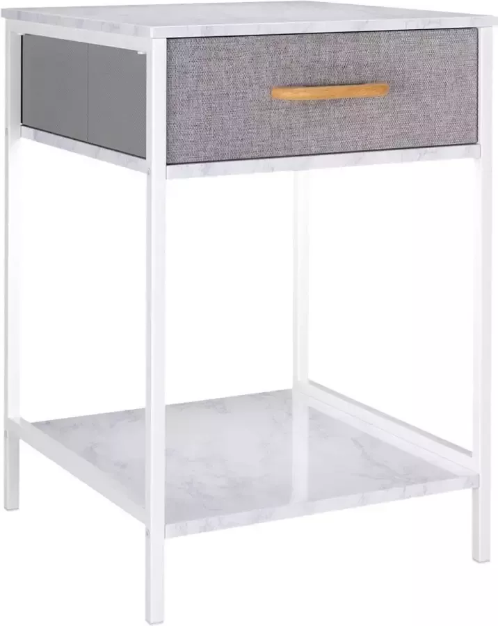 Manzibo Nachtkastje Vintage Rustiek Salontafel Slaapkamer Meubel MDF Bijzettafel Metaal Industrieel Wit Marmer Look