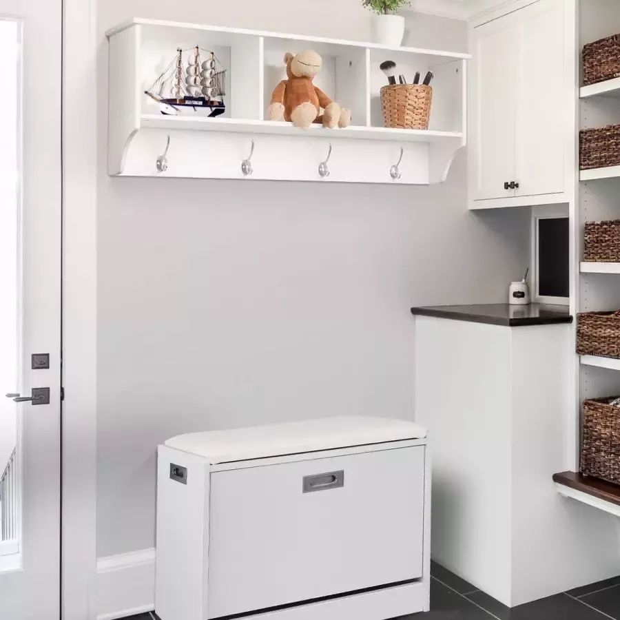 Manzibo Wand Kapstok 4 Haken Wandrek Wand Kapstok 3 Opbergvakken Wit