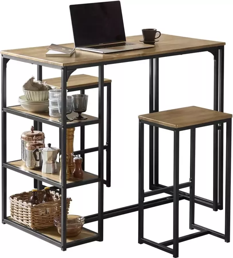 MARA Bartafel 3 Delig Bartafel Set 2 Barkrukken Beige 110 x 61 x 97 cm