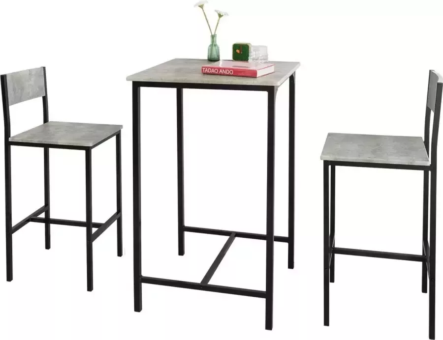 MARA Bartafel 3 Delig Bartafel Set 2 Barkrukken Grijs 60 x 60 x 97 cm