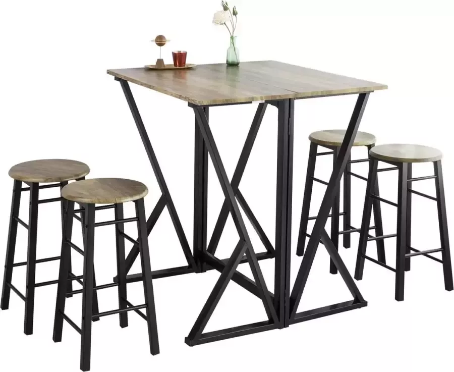 MARA Bartafel Set 5 Delig Keukentafel Eettafel 4 Barkrukken Bruin 80 x 80 x 89 cm