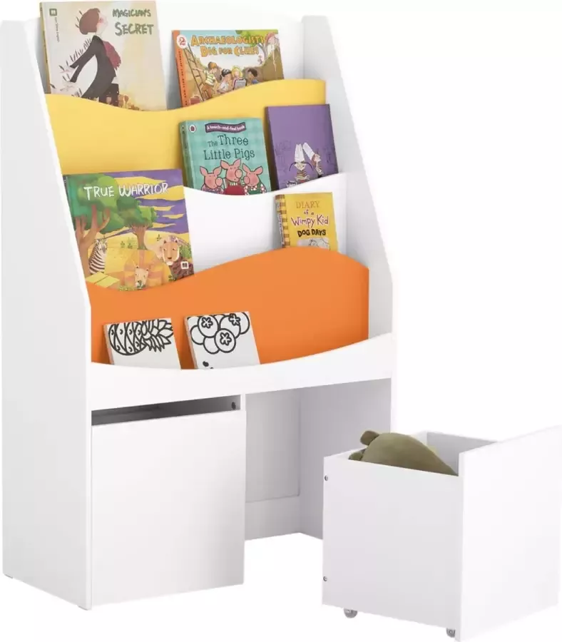 MARA Boekenrek Boekenkast Voor Kinderen Kinderboekenkast Boekenplank Opbergbakken op wielen MDF Wit Oranje Geel 72 x 33 x 113 cm