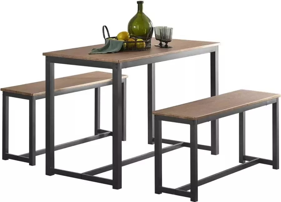 MARA Eettafel Set 3 Delige Set 2 Banken Industrieel Hout Metaal 110 x 58 x 74 cm